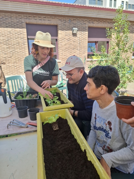 Grupo realizando tareas de riego y cuidado del huerto en el proyecto con APACE.